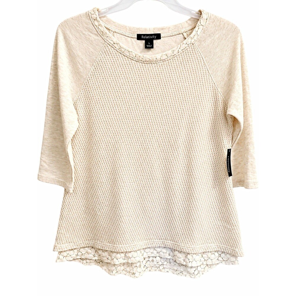Relativity Women’s Large Ivory Waffle Knit Lace Trim Top NWT